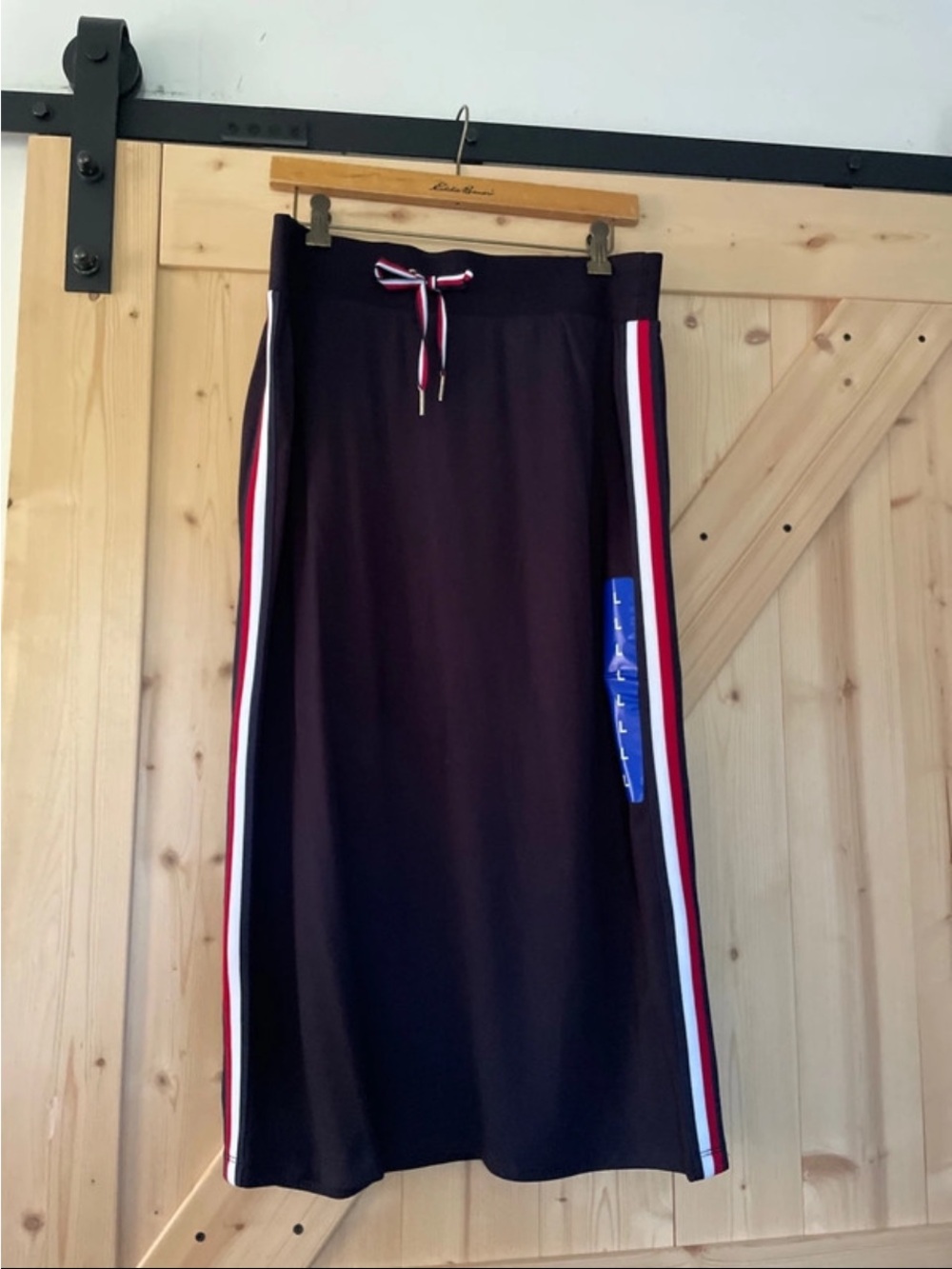 Tommy Hilfiger Navy Midi Skirt with Red and White Side Stripes
